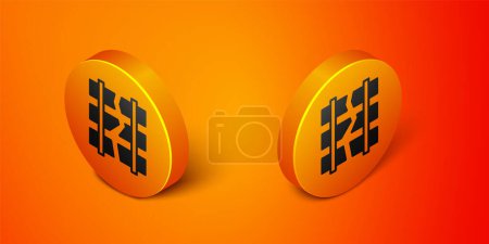 Téléchargez les illustrations : Rails cassés ou fissurés isométriques sur une icône de chemin de fer isolée sur fond orange. Bouton rond orange. Vecteur - en licence libre de droit