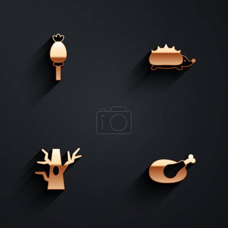 Ilustración de Conjunto de amapola de opio, erizo, árbol desnudo y pavo asado o pollo icono con sombra larga. Vector - Imagen libre de derechos