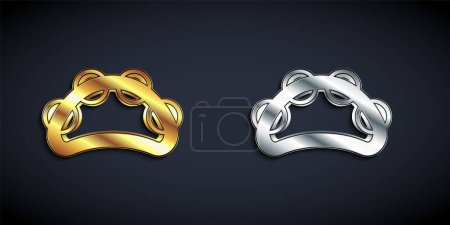 Illustration for Gold and silver Musical instrument percussion tambourine, with metal plates icon isolated on black background. Long shadow style. Vector - Royalty Free Image