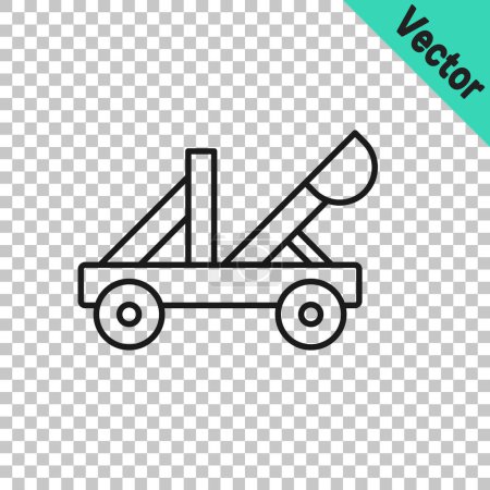 Illustration for Black line Old medieval wooden catapult shooting stones icon isolated on transparent background.  Vector - Royalty Free Image