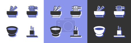 Illustration for Set Cup of tea, Asian noodles in bowl, Soy sauce and  icon. Vector - Royalty Free Image