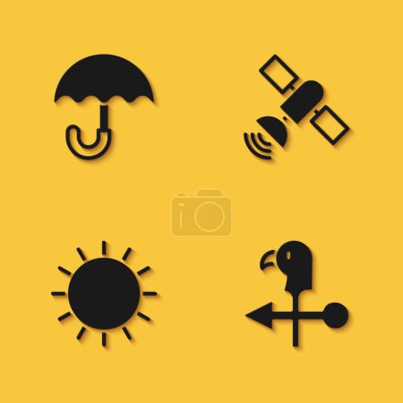 Ilustración de Set Paraguas, veleta del Gallo, Sol y Satélite icono con sombra larga. Vector - Imagen libre de derechos