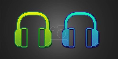 Illustration for Green and blue Noise canceling headphones icon isolated on black background. Headphones for ear protection from noise.  Vector - Royalty Free Image