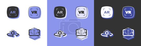 Téléchargez les illustrations : Définir la modélisation 3D, réalité augmentée AR, vue à 360 degrés et icône virtuelle. Vecteur - en licence libre de droit