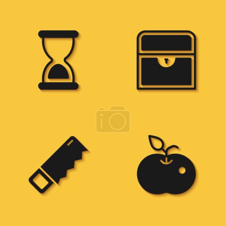 Illustration for Set Old hourglass, Poison apple, Hand saw and Antique treasure chest icon with long shadow. Vector - Royalty Free Image