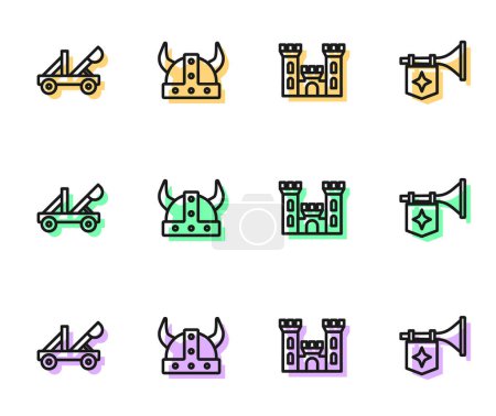 Illustration for Set line Castle, Medieval catapult, Viking in horned helmet and Trumpet with flag icon. Vector - Royalty Free Image