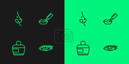 Illustration for Set line Woman eye, Cream or lotion cosmetic tube, Acne and Lip augmentation icon. Vector - Royalty Free Image