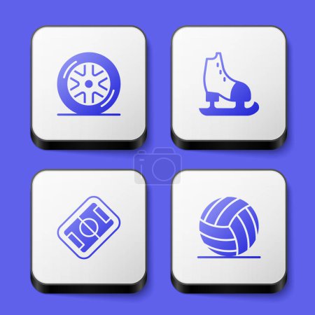 Illustration for Set Car wheel, Skates, Football field and Volleyball icon. White square button. Vector - Royalty Free Image