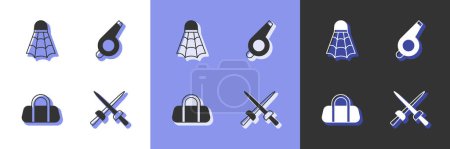 Ilustración de Set de esgrima, lanzadera de bádminton, bolsa de deporte y silbato icono. Vector - Imagen libre de derechos