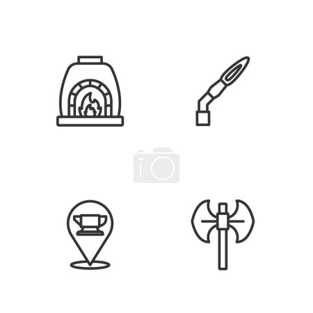 Illustration for Set line Medieval poleaxe, Blacksmith anvil tool, oven and Welding torch icon. Vector - Royalty Free Image