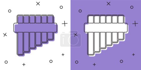 Illustration for Set Pan flute icon isolated on white and purple background. Traditional peruvian musical instrument. Folk instrument from Peru, Bolivia and Mexico.  Vector - Royalty Free Image