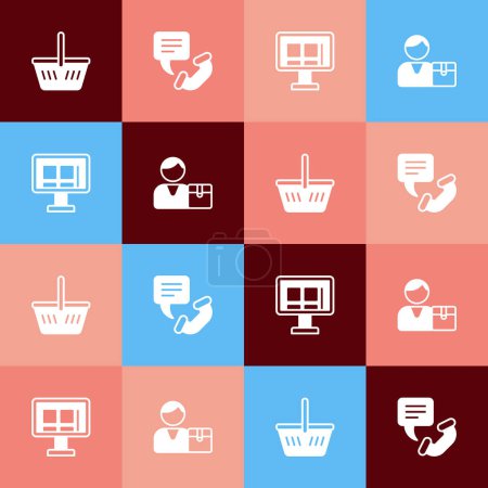Illustration for Set pop art Shopping basket, Telephone 24 hours support, Online shopping screen and Buyer icon. Vector - Royalty Free Image