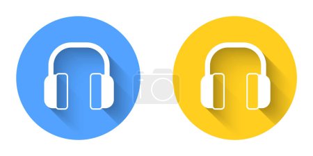 Illustration for White Noise canceling headphones icon isolated with long shadow background. Headphones for ear protection from noise. Circle button. Vector. - Royalty Free Image