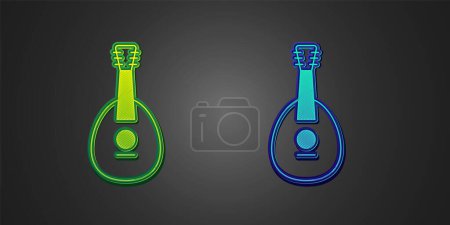 Téléchargez les illustrations : Green and blue Traditional musical instrument mandolin icon isolated on black background. Vector. - en licence libre de droit