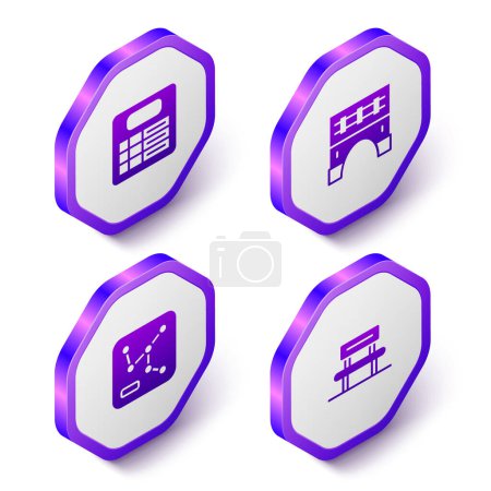 Illustration for Set Isometric Train station board Bridge for train Railway map and Waiting hall icon. Purple hexagon button. Vector. - Royalty Free Image