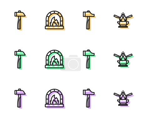 Illustration for Set line Hammer, Blacksmith oven and Anvil and hammer icon. Vector - Royalty Free Image