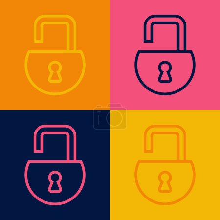 Pop art line Open padlock icon isolated on color background. Opened lock sign. Cyber security concept. Digital data protection.  Vector