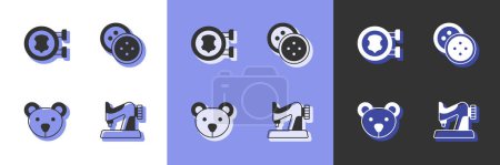 Téléchargez les illustrations : Set Sewing machine, Leather, Teddy bear plush toy and button for clothes icon. Vector - en licence libre de droit