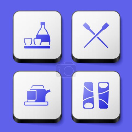 Illustration for Set Bottle of sake, Food chopsticks, Traditional tea ceremony and Guotie icon. White square button. Vector - Royalty Free Image