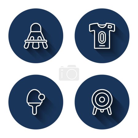 Ilustración de Set line Badminton shuttlecock, Football jersey and t-shirt, Racket and Target sport with long shadow. Blue circle button. Vector - Imagen libre de derechos