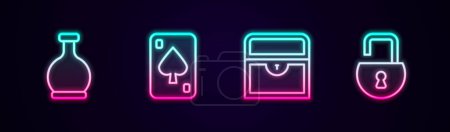 Illustration for Set line Bottle with potion, Playing cards, Antique treasure chest and Open padlock. Glowing neon icon. Vector - Royalty Free Image