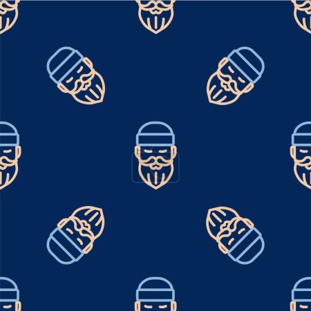 Illustration for Line Bearded lumberjack man icon isolated seamless pattern on blue background.  Vector - Royalty Free Image