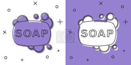 Téléchargez les photos : Set Bar de savon icône isolée sur fond blanc et violet. Bar à savon avec bulles. Vecteur - en image libre de droit