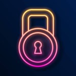 Glowing neon line Lock icon isolated on black background. Padlock sign. Security, safety, protection, privacy concept.  Vector