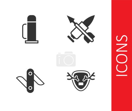 Téléchargez les illustrations : Set Deer antlers on shield, Thermos container, Swiss army knife and Crossed bullet with arrow icon. Vector - en licence libre de droit