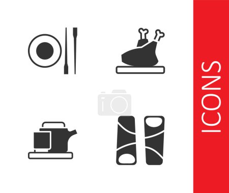 Illustration for Set Guotie, Food chopsticks with plate, Traditional tea ceremony and Roasted turkey or chicken icon. Vector - Royalty Free Image