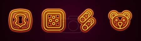 Téléchargez les illustrations : Set line Leather, Sewing button for clothes, Closed steel safety pin and Teddy bear plush toy. Glowing neon icon. Vector - en licence libre de droit
