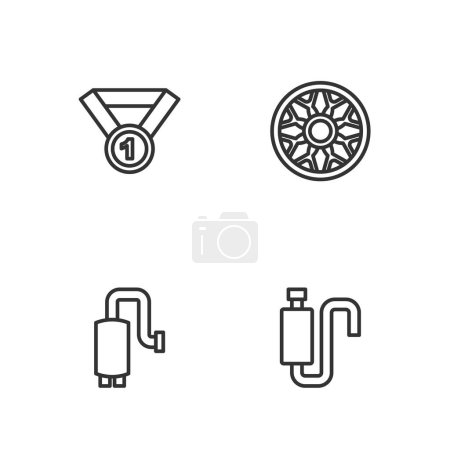 Téléchargez les illustrations : Set line Car muffler Medal and Alloy wheel for car icon. Vector. - en licence libre de droit