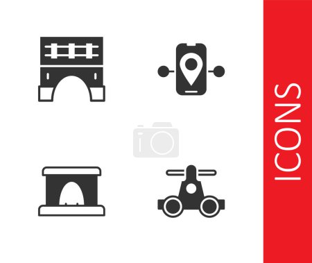 Ilustración de Set Handcar transportation, Bridge for train, Railway tunnel and Route location icon. Vector - Imagen libre de derechos