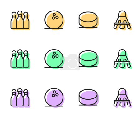 Ilustración de Set line Hockey puck, Bowling pin, ball and Badminton shuttlecock icon. Vector - Imagen libre de derechos