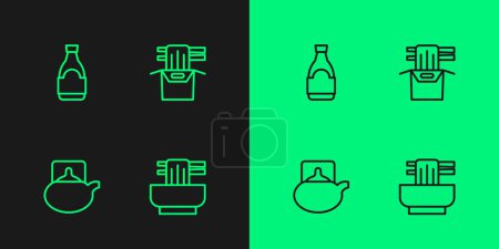 Illustration for Set line Asian noodles in bowl, Traditional tea ceremony, Soy sauce bottle and paper box icon. Vector - Royalty Free Image