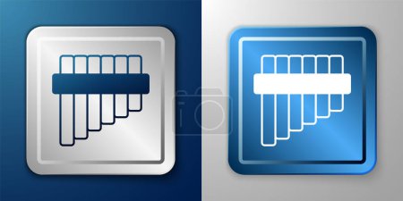 Illustration for White Pan flute icon isolated on blue and grey background. Traditional peruvian musical instrument. Folk instrument from Peru, Bolivia and Mexico. Silver and blue square button. Vector - Royalty Free Image