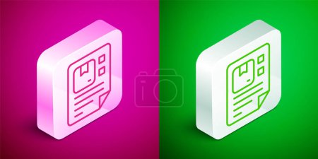 Ilustración de Isometric line Waybill icon isolated on pink and green background. Silver square button. Vector - Imagen libre de derechos