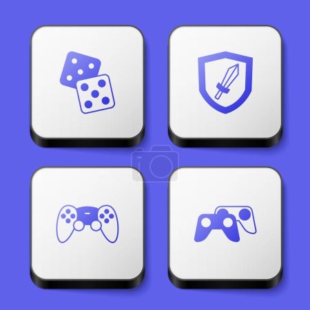 Illustration for Set Game dice, Sword for game, controller joystick and  icon. White square button. Vector - Royalty Free Image