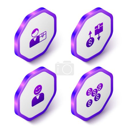 Téléchargez les illustrations : Set Isometric Buyer, Tax cardboard box, Happy customer and Dollar symbol icon. Purple hexagon button. Vector - en licence libre de droit