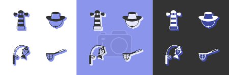 Téléchargez les illustrations : Set Fishing net Lighthouse rod and fish and Fisherman hat icon. Vector. - en licence libre de droit