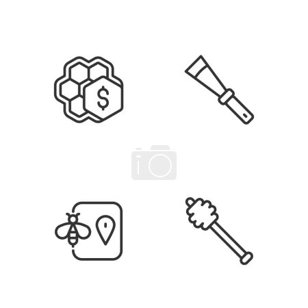 Illustration for Set line Honey dipper stick Bee location Sale of honeycomb and Beekeeping knife icon. Vector. - Royalty Free Image