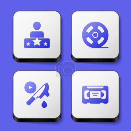 Illustration for Set Actor star Film reel Thriller movie and VHS video cassette tape icon. White square button. Vector. - Royalty Free Image