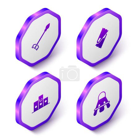Ilustración de Set Isometric Medieval arrows Flippers for swimming Award over sports winner podium and Badminton shuttlecock icon. Purple hexagon button. Vector. - Imagen libre de derechos