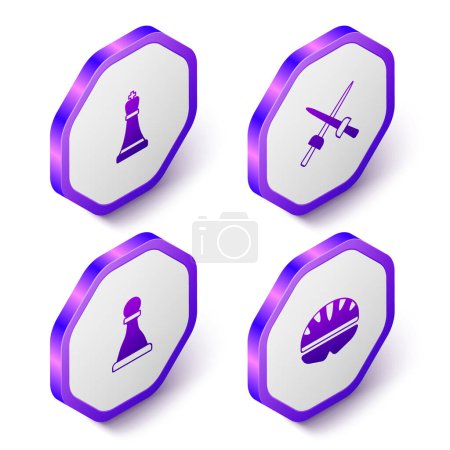 Ilustración de Set Isometric Chess Fencing and Bicycle helmet icon. Purple hexagon button. Vector. - Imagen libre de derechos