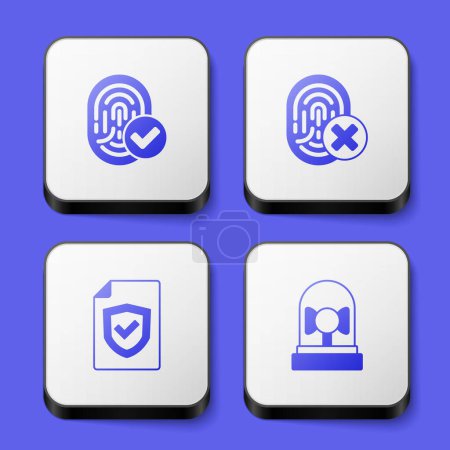 Ilustración de Set Fingerprint Cancelled fingerprint Contract with shield and Ringing alarm bell icon. White square button. Vector. - Imagen libre de derechos