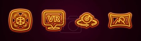 Téléchargez les illustrations : Set line 3d modeling Virtual reality 360 degree view and Wide angle picture. Glowing neon icon. Vector. - en licence libre de droit