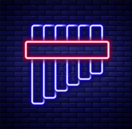 Illustration for Glowing neon line Pan flute icon isolated on brick wall background. Traditional peruvian musical instrument. Folk instrument from Peru, Bolivia and Mexico. Colorful outline concept. Vector - Royalty Free Image