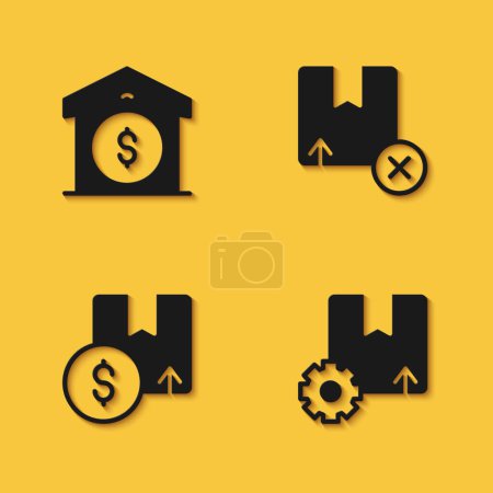 Téléchargez les illustrations : Set Warehouse price, Gear with package box, Carton cardboard and  icon with long shadow. Vector - en licence libre de droit