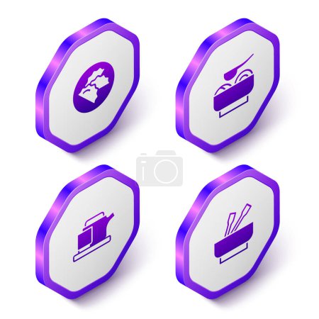 Illustration for Set Isometric Dumpling, Ramen soup bowl, Traditional tea ceremony and Asian noodles icon. Purple hexagon button. Vector - Royalty Free Image