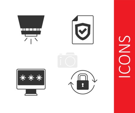 Ilustración de Set Lock, Fire sprinkler system, Monitor with password and Contract shield icon. Vector - Imagen libre de derechos
